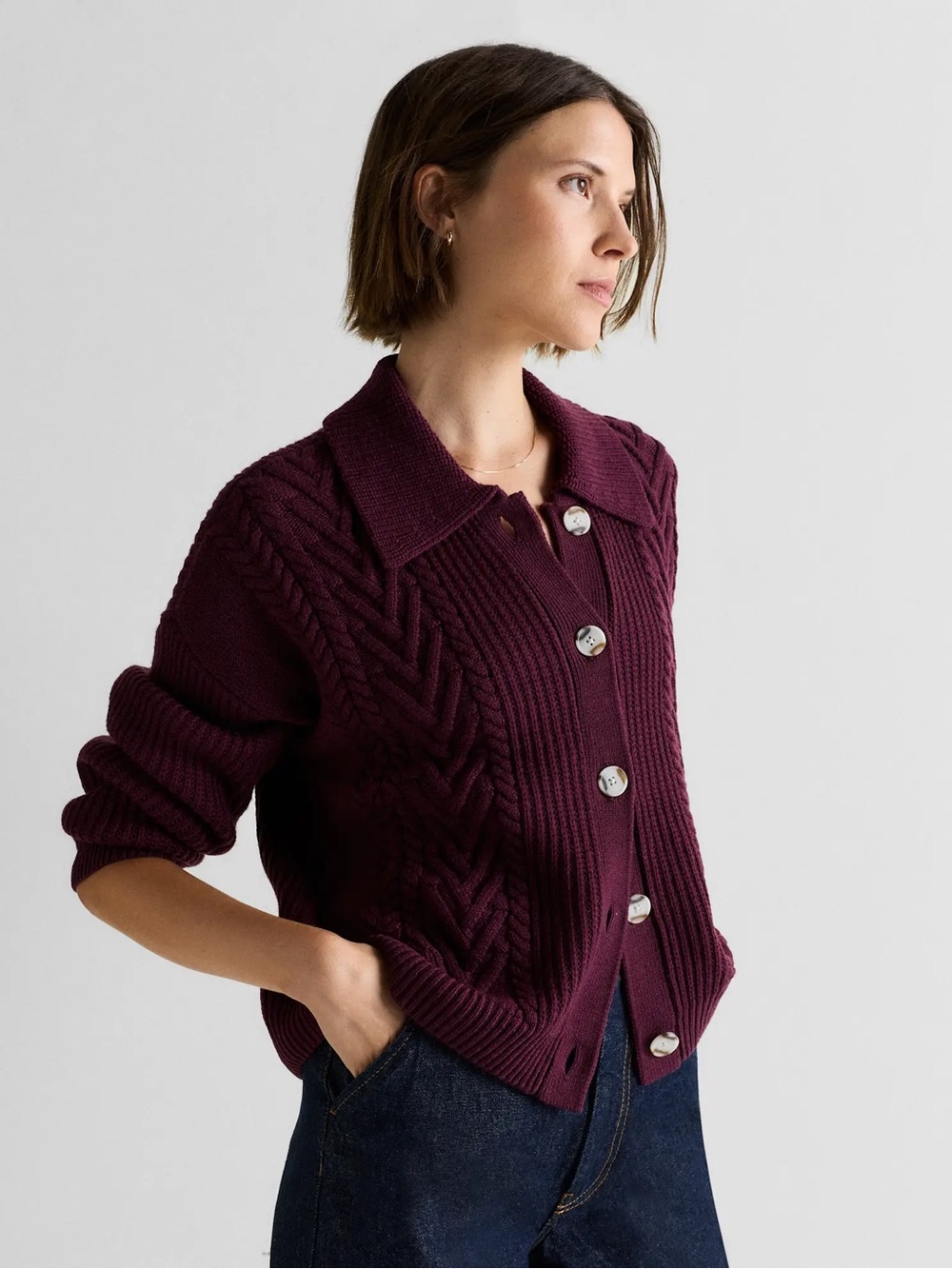 Quince Australian Merino Wool Collared Cable Cardigan Barolo Burgundy Large